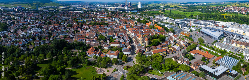 Aerial view around the city Neckarsulm in Germany on a sunny spring morning.