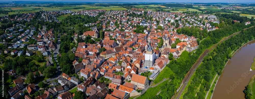 Aerial view around the city Bad Wimpfen in Germany on a sunny morning in spring