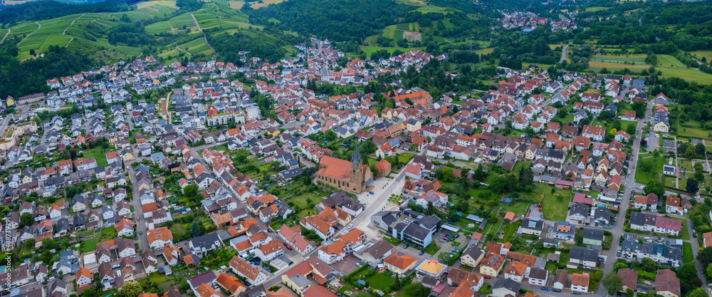 Aerial panorama view of the city Rauenberg in Germany on a cloudy day in spring