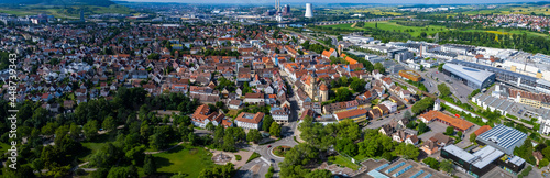 Aerial view around the city Neckarsulm in Germany on a sunny spring morning.