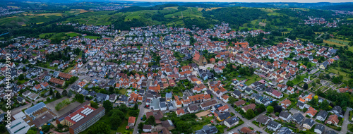 Aerial panorama view of the city Rauenberg in Germany on a cloudy day in spring
