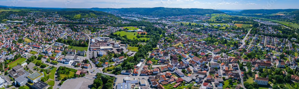 Aerial view around the city Mosbach in Germany. On sunny day in spring 