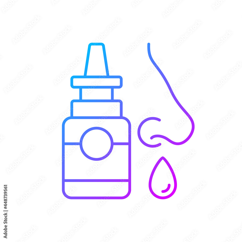 Nasal spray gradient linear vector icon. Relieve nasal discomfort. Cold relief. Treat sinus congestion. Thin line color symbols. Modern style pictogram. Vector isolated outline drawing Nasal spray gradient linear vector icon. Relieve nasal discomfort. Cold relief. Treat sinus congestion. Thin line color symbols. Modern style pictogram. Vector isolated outline drawing