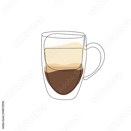Big cup of coffee, latte, cappuccino drawn in a continuous line. Continuous line with color complement. Sketch, line art, vector isolated illustration.