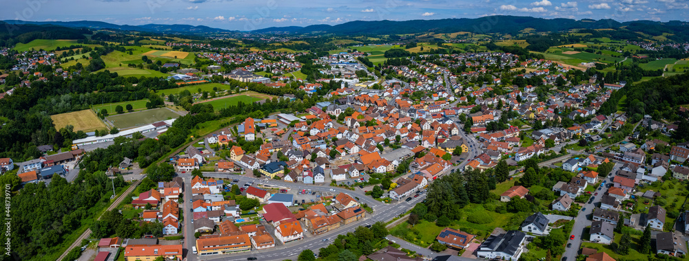 Aerial view around the city Mörlenbach in Germany. On sunny day in spring 