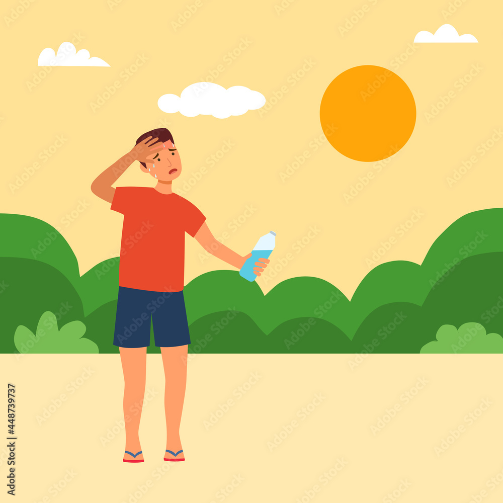 Young man holding a bottle of water in hot climate flat design. Hot summer day with strong sunlight.