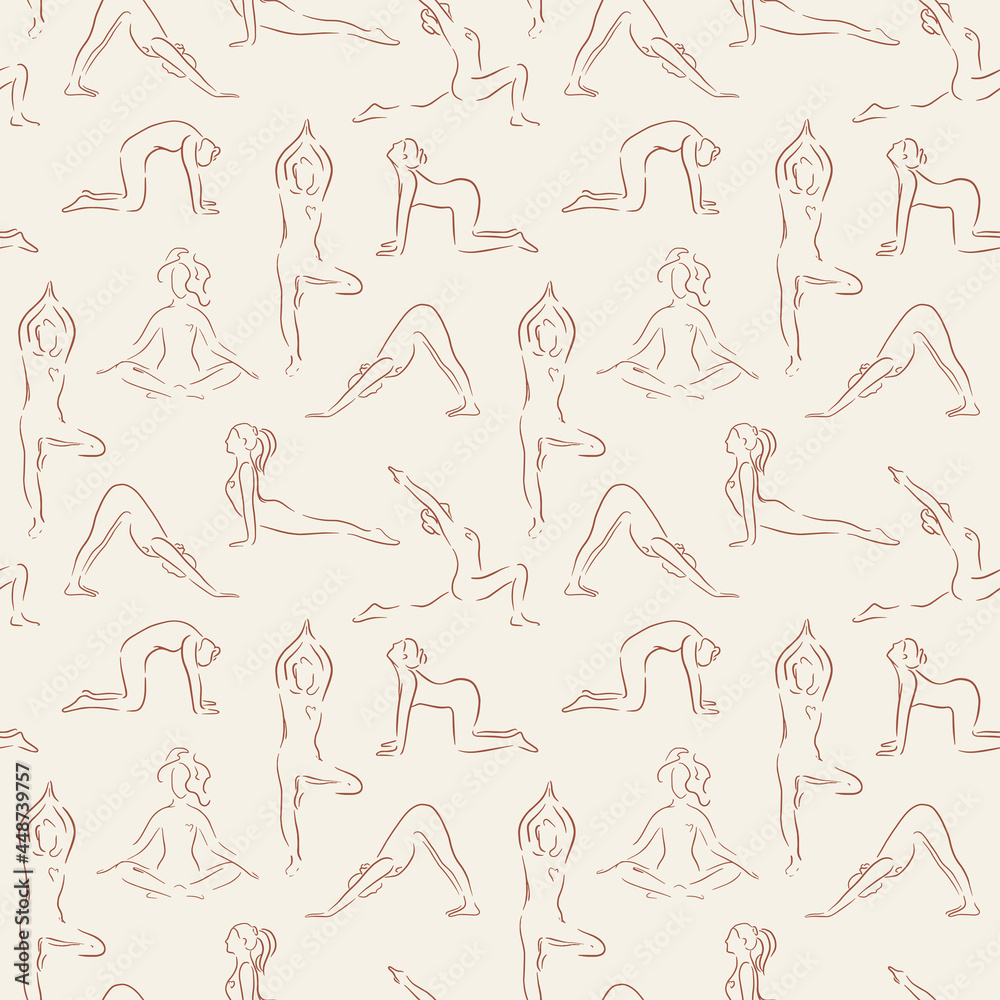 Vector seamless pattern in line art style of woman doing yoga. Set of yoga poses. Cute trend color background. Pattern for yoga studio, textile. Girl in a yoga pose Vector seamless pattern in line art style of woman doing yoga. Set of yoga poses. Cute trend color background. Pattern for yoga studio, textile. Girl in a yoga pose