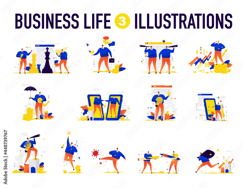 Illustrations of business situations. The team is solving problems. Creative brainstorming. Achievement and fulfillment of the assigned tasks. Employees of the company. 