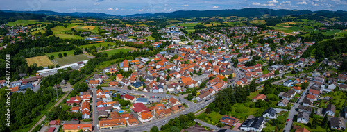 Aerial view around the city Mörlenbach in Germany. On sunny day in spring 