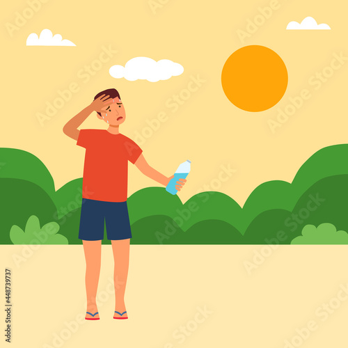 Young man holding a bottle of water in hot climate flat design. Hot summer day with strong sunlight.