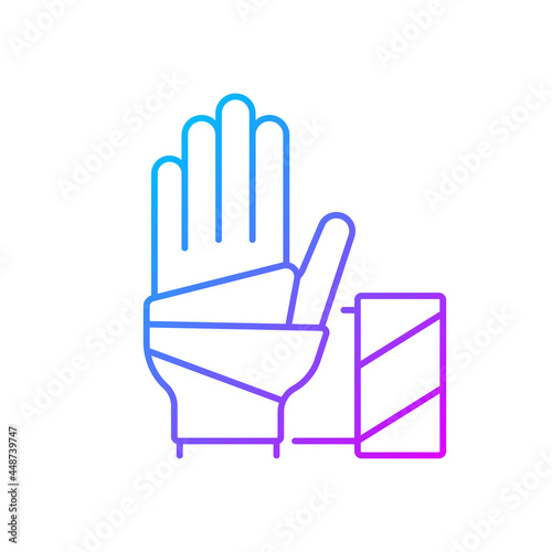 Medical bandage gradient linear vector icon. Bandaged hand. Sterile wound dressing. Medical gauze. Stop bleeding. Thin line color symbols. Modern style pictogram. Vector isolated outline drawing