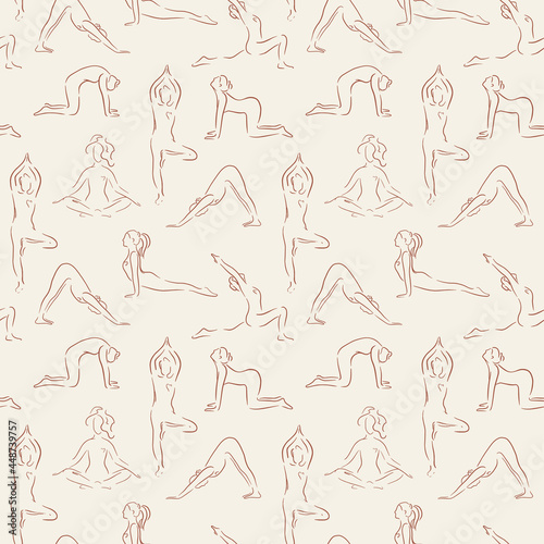 Vector seamless pattern in line art style of woman doing yoga. Set of yoga poses. Cute trend color background. Pattern for yoga studio  textile. Girl in a yoga pose