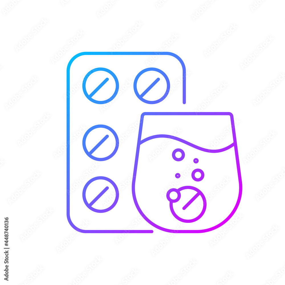 Effervescent tablet for cold relief gradient linear vector icon. Cough medication. Relieve flu symptoms. Thin line color symbols. Modern style pictogram. Vector isolated outline drawing Effervescent tablet for cold relief gradient linear vector icon. Cough medication. Relieve flu symptoms. Thin line color symbols. Modern style pictogram. Vector isolated outline drawing