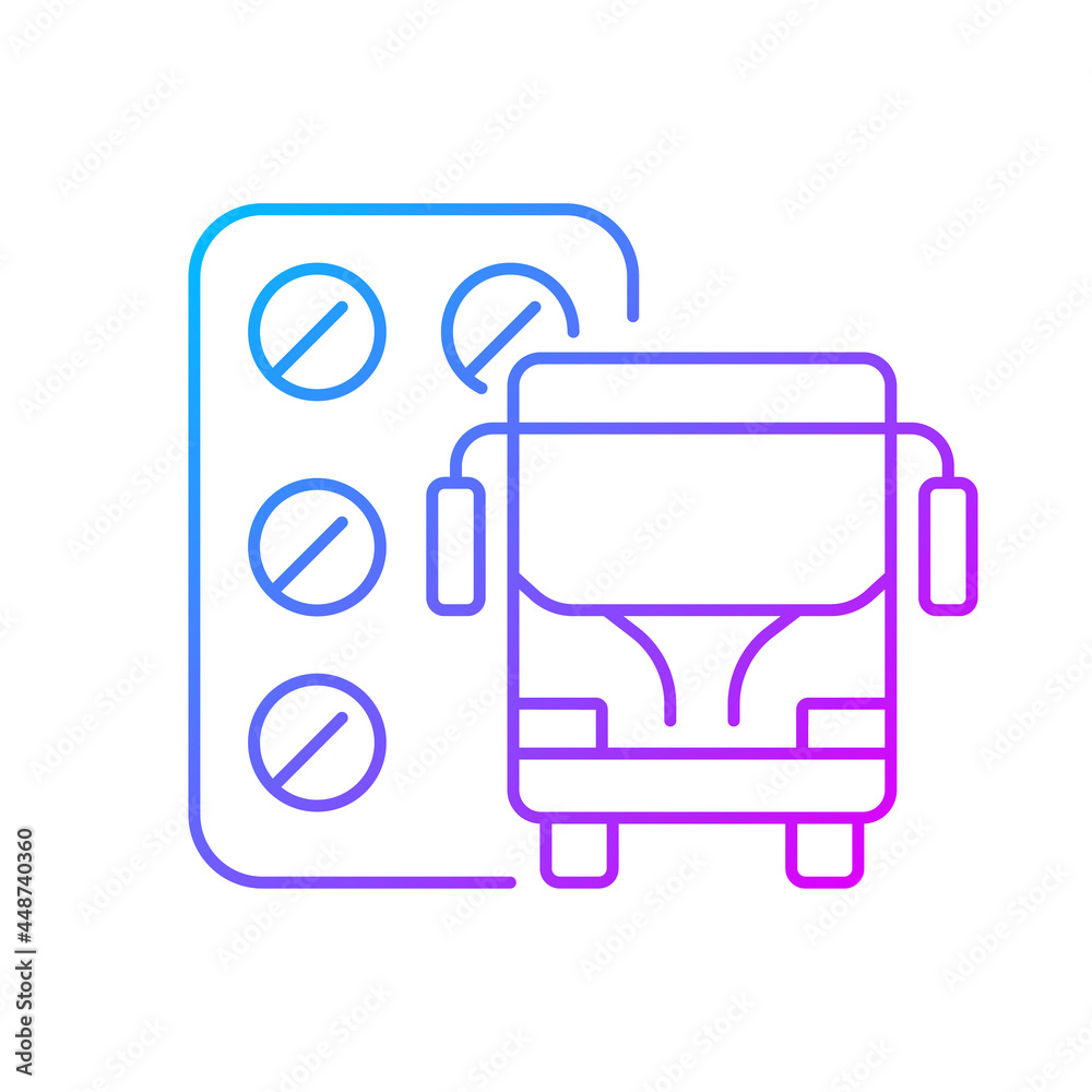 Pills for motion sickness gradient linear vector icon. Nausea, vomiting reducing. Preventing travel sickness. Thin line color symbols. Modern style pictogram. Vector isolated outline drawing Pills for motion sickness gradient linear vector icon. Nausea, vomiting reducing. Preventing travel sickness. Thin line color symbols. Modern style pictogram. Vector isolated outline drawing