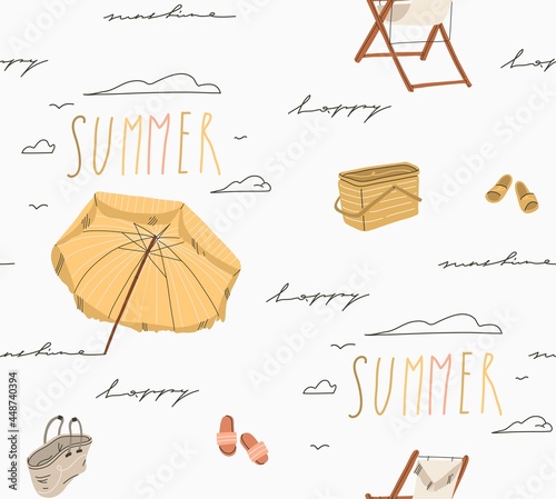Hand drawn vector abstract stock graphic summer cartoon,creative modern minimalistic illustration seamless pattern with boho beach umbrella and handwritten lettering,isolated on white background.
