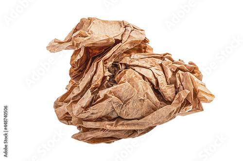 crumpled wad of kraft paper isolated. jamed ball brown paper cutout