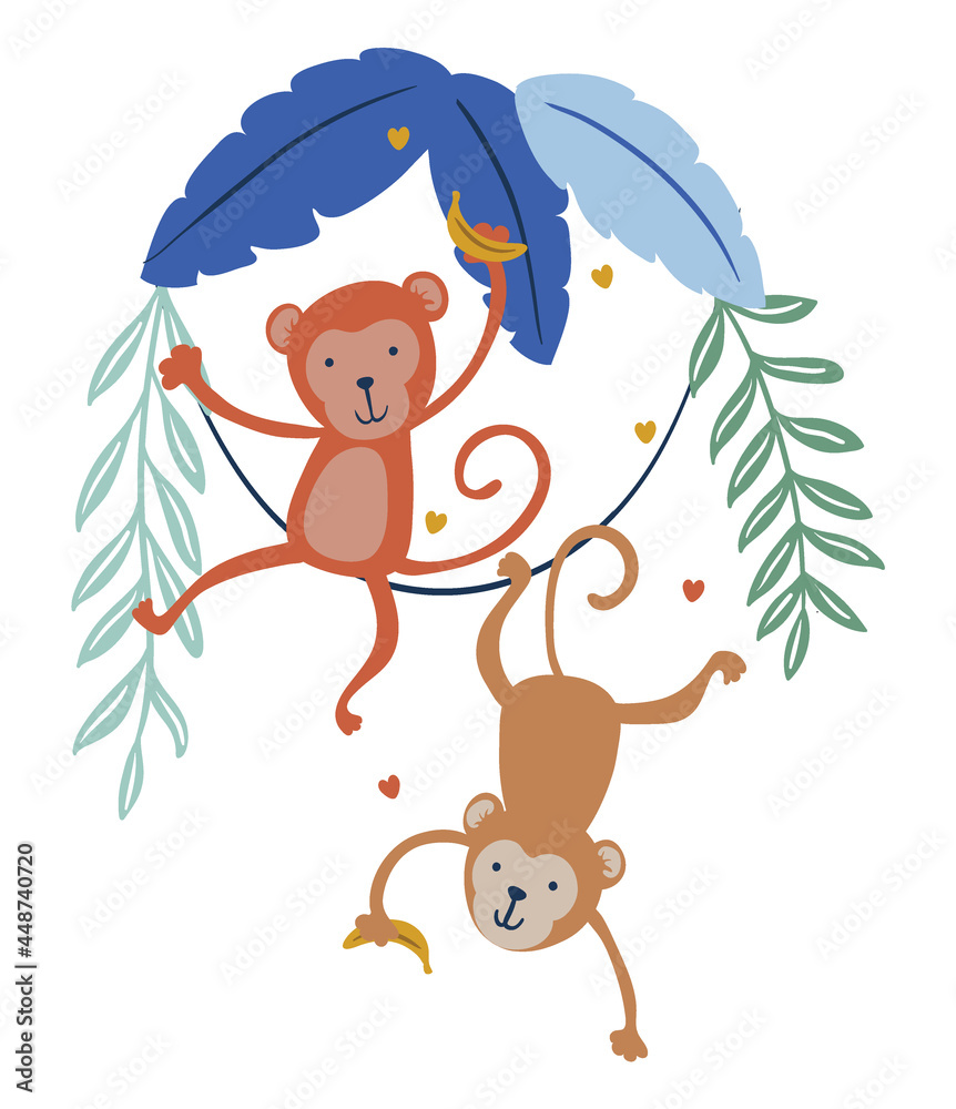 Cute funny monkeys with simple greens vector illustration. Jungle life