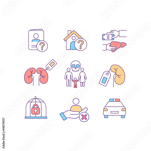 Illegal human trade related RGB color icons set. Person enslavery. Non consensual actions. Labour exploitation. Isolated vector illustrations. Simple filled line drawings collection
