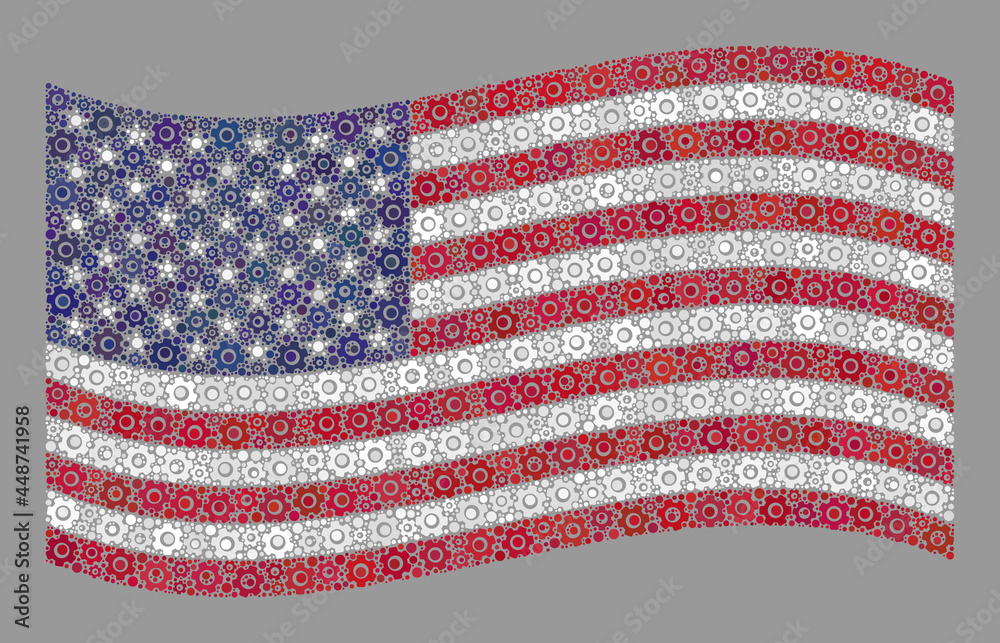 Obraz premium Mosaic waving USA flag created with engine items. Vector engine collage waving USA flag organized for control advertisement. USA flag collage is organized of scattered control items.