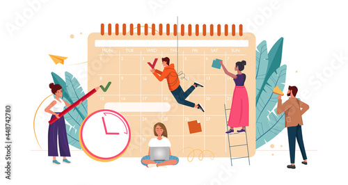 People planning concept. Entrepreneurship and calendar schedule planning with filling course campaign. Board with plans vector illustration, business meeting, events organizing process office working