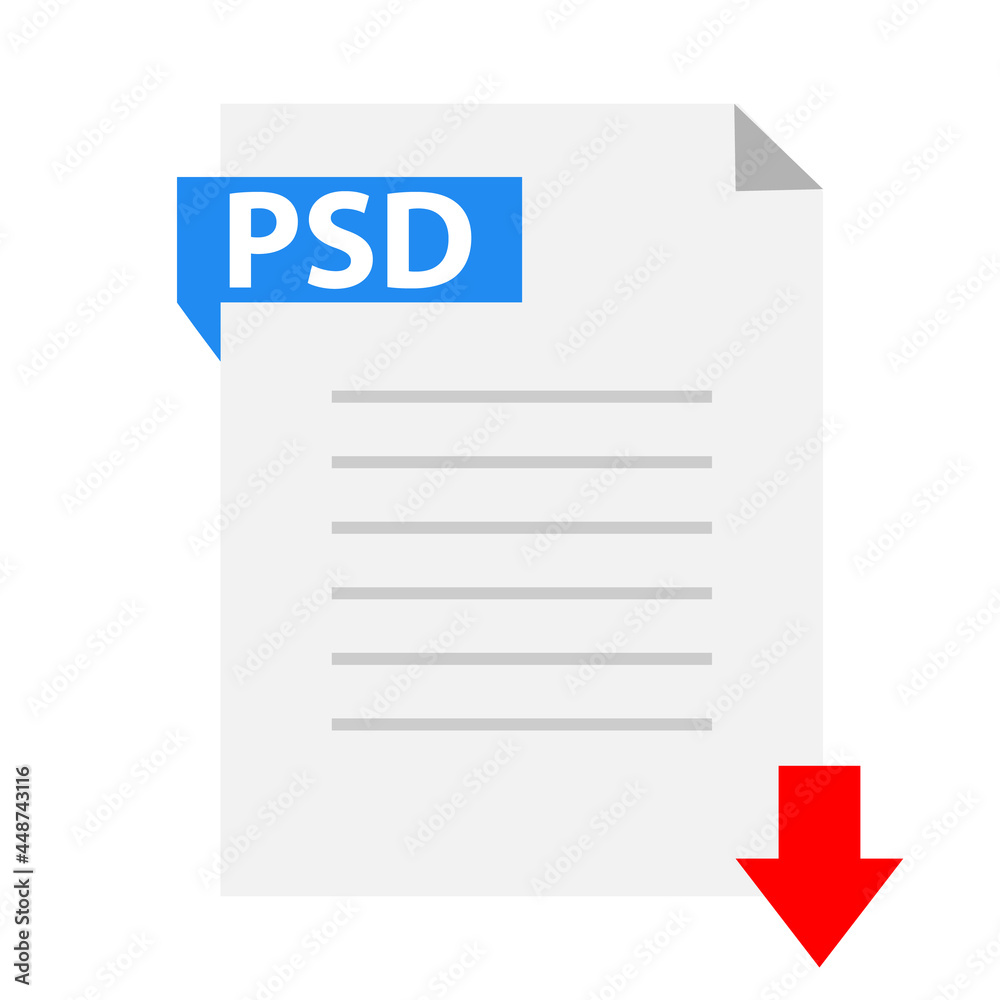 Download PSD icon on white background. PSD file with down arrow sign. PSD document type symbol. flat style. Download PSD icon on white background. PSD file with down arrow sign. PSD document type symbol. flat style.