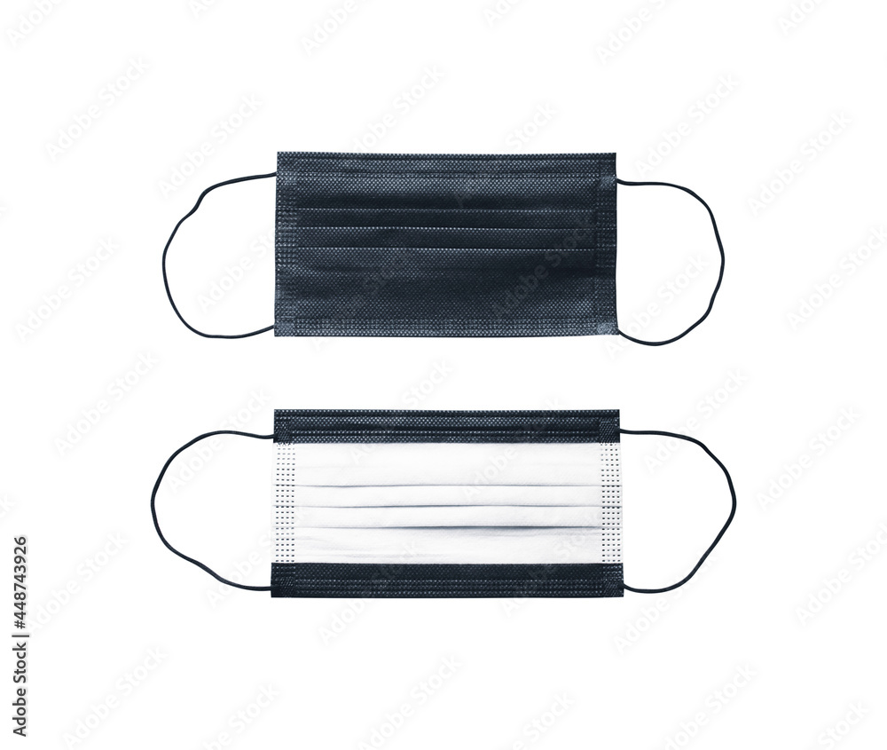 Front and back of surgical face mask with ear strap on white background Front and back of surgical face mask with ear strap on white background