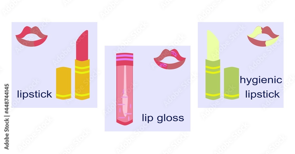 Lipstick and hygienic lipstick, lip gloss, lip care cosmetics, images and text on light purple color icons for design and print Lipstick and hygienic lipstick, lip gloss, lip care cosmetics, images and text on light purple color icons for design and print