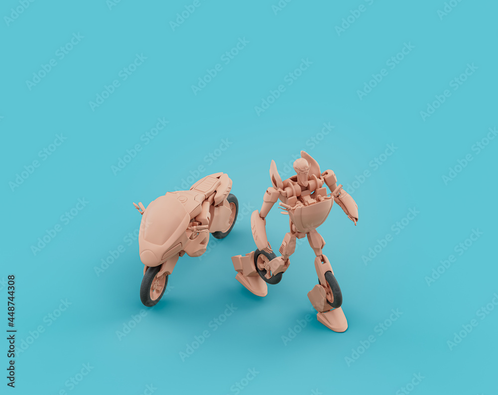 Isometric flat orange color motorcycle and a robot toy in single color  turquoise background, 3d Rendering
