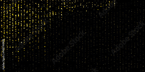 Gold dust falling flying sparkling confetti dots of vertical lines. Shimmering glow glittering gold glitter particles effect. Glitter rain, golden star dust, bright yellow sparkles on black. Vector