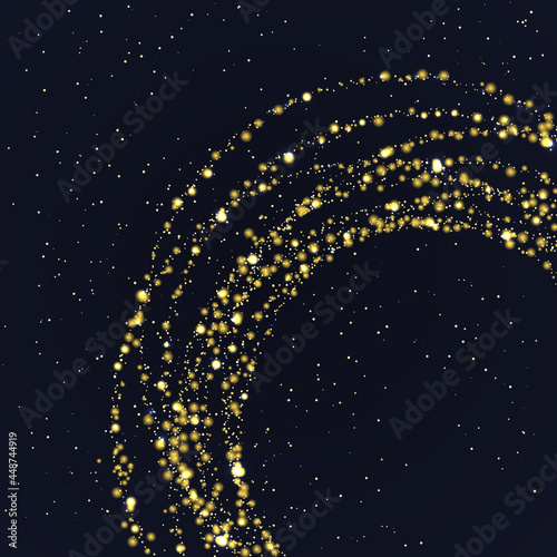 Pattern of gold dust falling sparkling confetti dots of circle lines. Shimmering glow glittering gold glitter particles effect. Glitter rain, golden star dust, bright yellow sparkles on black. Vecto