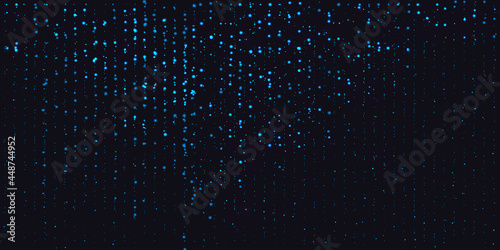 Blue dust falling flying sparkling confetti dots of vertical lines. Shimmering glow glittering gold glitter particles effect. Glitter rain, blue star dust, bright blue sparkles on black. Vector