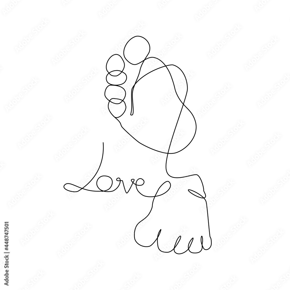 Vector one line art illustration of a new born baby heels and word love Vector one line art illustration of a new born baby heels and word love