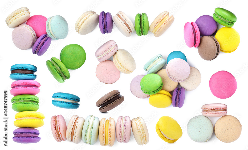 Set with different delicious macarons on white background, top view Set with different delicious macarons on white background, top view