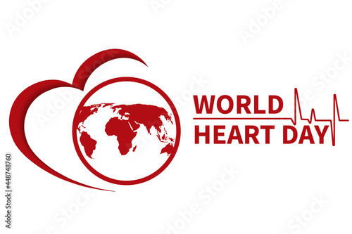 Heart Health Day . An illustration, poster or banner for the background of the World Heart Day. World map, heart and the inscription world Heart Day on a white background. Vector