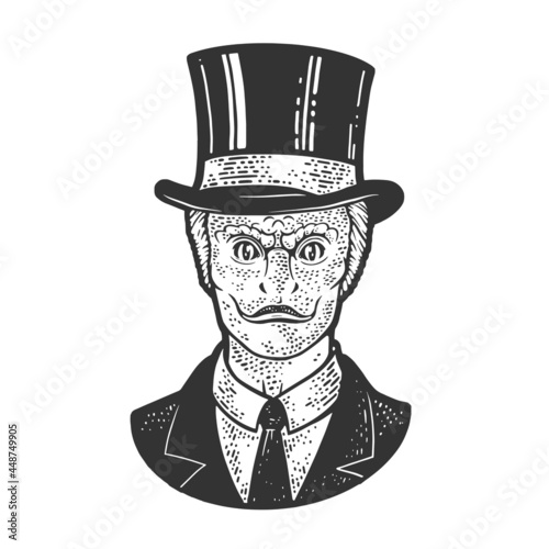 Reptilian humanoid businessman sketch engraving vector illustration. T-shirt apparel print design. Scratch board imitation. Black and white hand drawn image.
