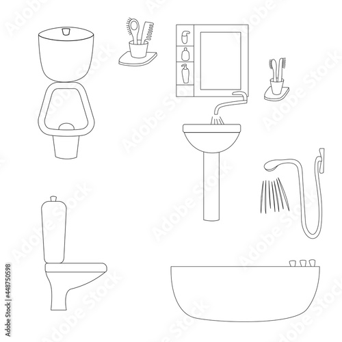 Bathroom with toilet, shower, mirror and sink and accessories. Vector illustration. Isolated.
