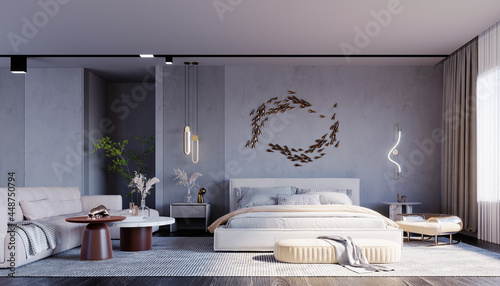 3d rendering,3d illustration, Interior Scene and  Mockup,Polished plaster walls, light yellow bedroom furniture. white living room center table