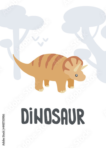Cute tricertops dino poster. Print for nursery, textile, apparel, shirt, wall art.