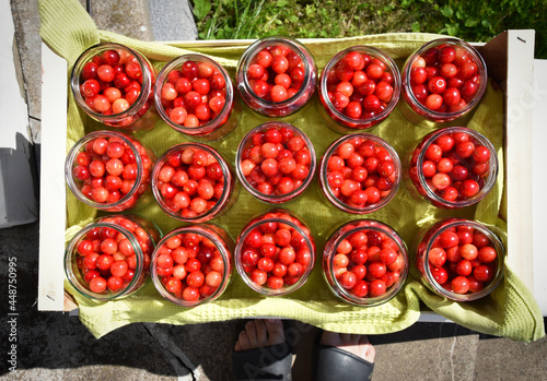 Cherry compote being prepared for winter preservation in a big pot on a stove, where all bacteria is destroyed because of heat.