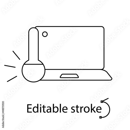 Laptop overheating outline icon. Computer problem. Hot temperature. Laptop repairs. Editable stroke