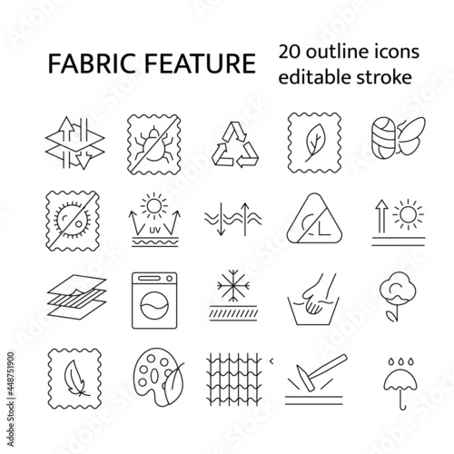 Fabric quality outline icons set. Textile industry. Different properties of fiber. Fiber feature