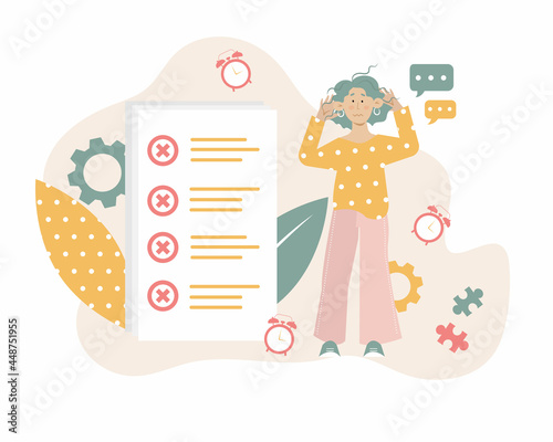 Young woman is not succeed with her tasks and time management. Unorganized person, procrastinator person vector concept. Not efficient time manager. Vector metaphor concept illustration in flat style.