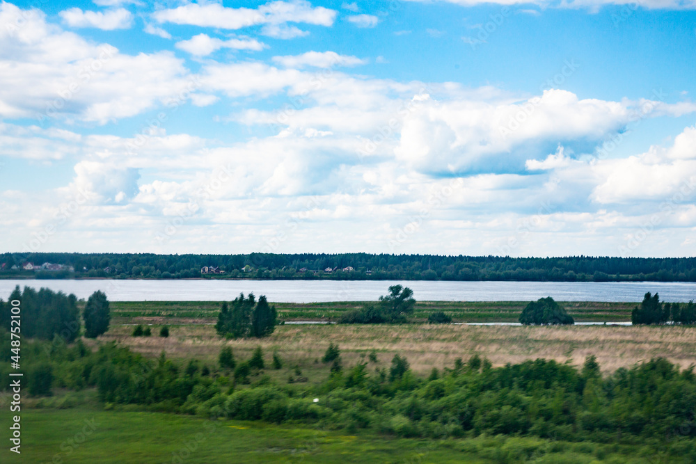 Aerial landscape of winding river in green field, top view of beautiful nature background