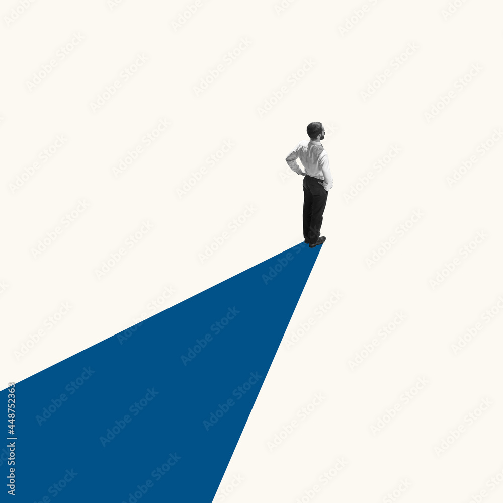 Successful businessman standing on blue line, way or path to success and goal. Right direction Successful businessman standing on blue line, way or path to success and goal. Right direction