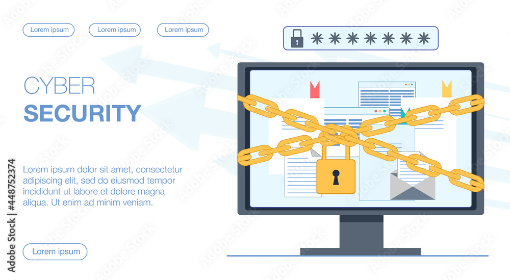 The computer with the documents is chained with a lock that provides cybersecurity. Above the monitor, there is a field for entering the password. Flat vector illustration.