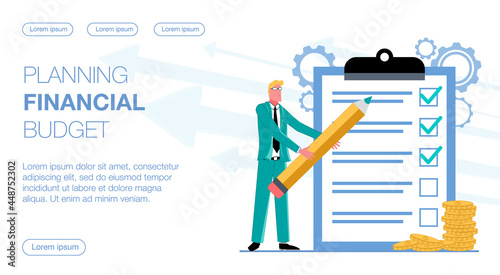 The businessman marks completed tasks with a pencil on a clipboard. He is planning a financial budget. Some coins are lying next to it. Flat vector illustration.