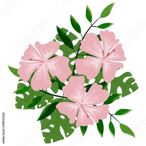 Vector illustration of a tropical bouquet. Boutonniere of hibiscus flowers, monster leaves and palm. Delicate flowers on a white background for printing on fabric and paper. 