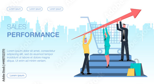 Businessmen and businesswomen stand on the steps and hold up an arrow that depicts an increase in sales figures. In the background is a shopping cart. Flat vector illustration.