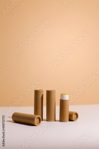 Zero Waste Lipstick packaging. Lip balm tube made of paper. Blank label mock up. Copy space for text