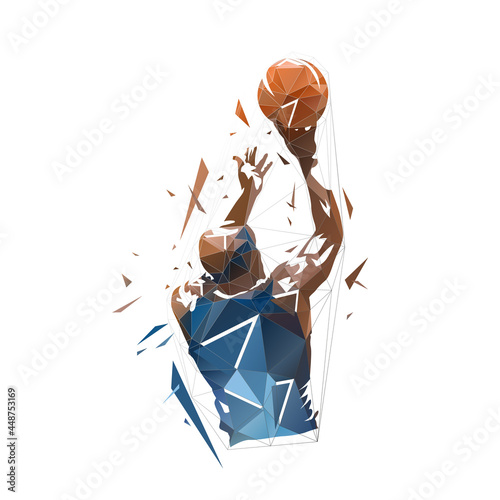Basketball player shooting ball, low polygonal vector illustration, rear view. Geometric drawing from triangles